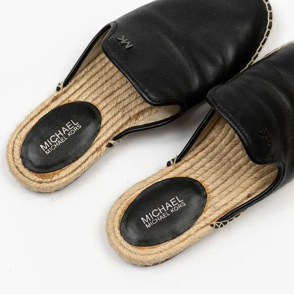 Michael Kors Emilia Espadrille flat black leather sandals size 7