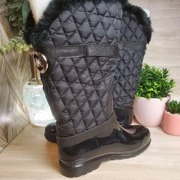 Michael Kors Snow Rain Boots Puffer Faux Fur Black Silver Accents Size 7 *