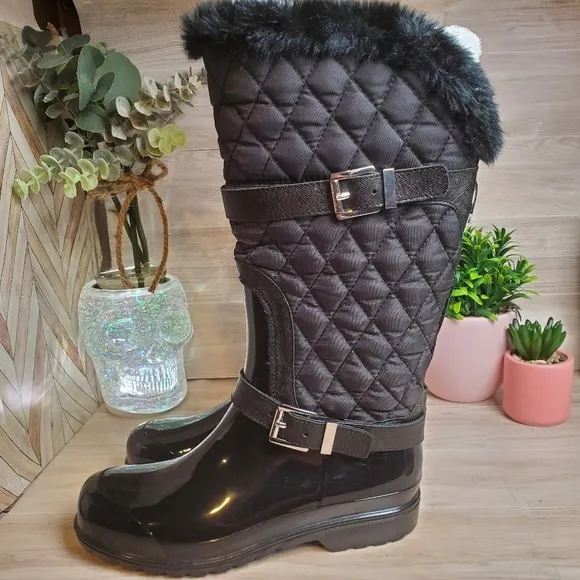 Michael Kors Snow Rain Boots Puffer Faux Fur Black Silver Accents Size 7 *