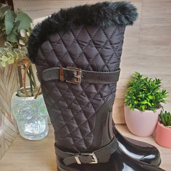 Michael Kors Snow Rain Boots Puffer Faux Fur Black Silver Accents Size 7 *