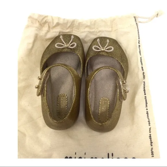 Mini Melissa Mary Jane Gold Sparkle Glitter Ballet Shoes