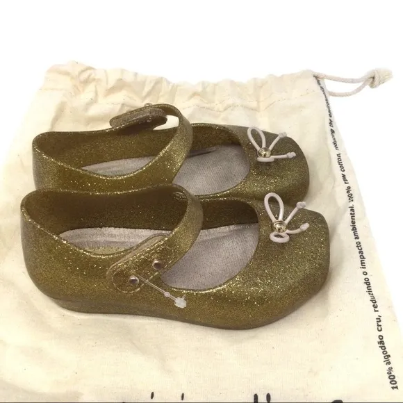 Mini Melissa Mary Jane Gold Sparkle Glitter Ballet Shoes