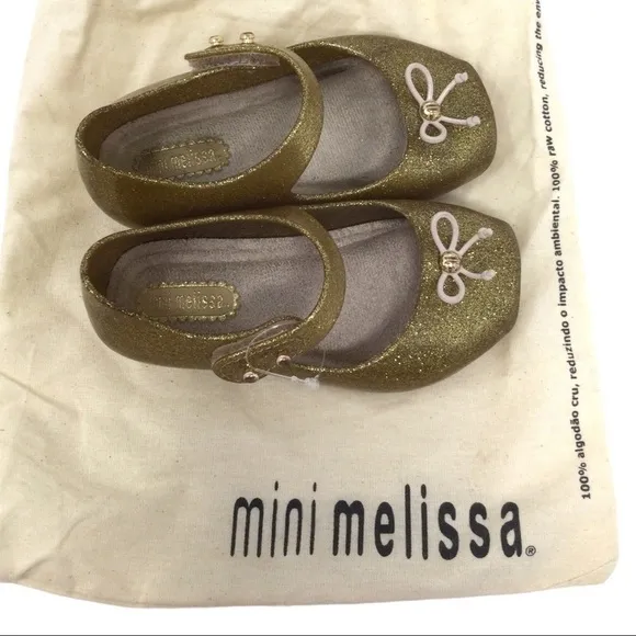 Mini Melissa Mary Jane Gold Sparkle Glitter Ballet Shoes