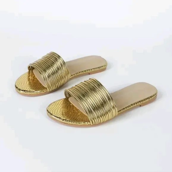 Minimalist Metallic Slide Sandals, Ankle Strap Gold-Color Plain Flat Sandals