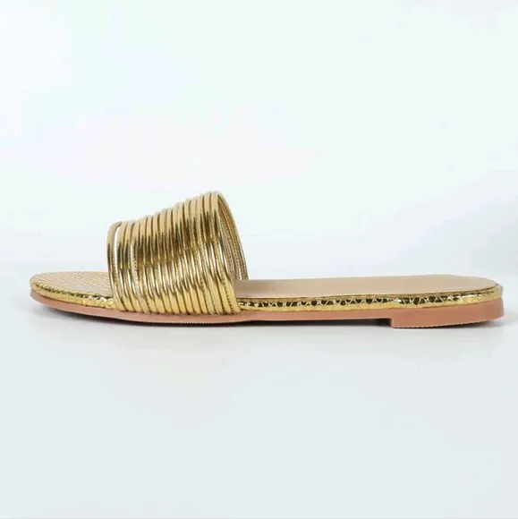Minimalist Metallic Slide Sandals, Ankle Strap Gold-Color Plain Flat Sandals