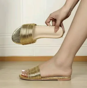 Minimalist Metallic Slide Sandals, Ankle Strap Gold-Color Plain Flat Sandals