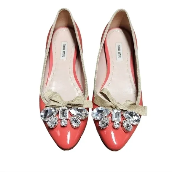 MIU MIU POINTED TOE CRYSTAL‎ BOW BALLET FLATS 5.5