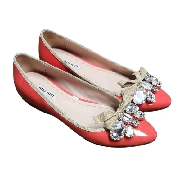 MIU MIU POINTED TOE CRYSTAL‎ BOW BALLET FLATS 5.5