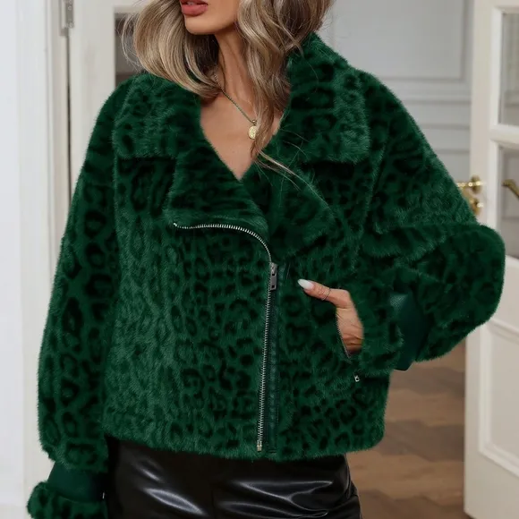 Modichic Vintage Leopard Print Shearling Patchwork Zip-Up Cropped Jacket