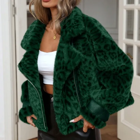 Modichic Vintage Leopard Print Shearling Patchwork Zip-Up Cropped Jacket