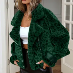 Modichic Vintage Leopard Print Shearling Patchwork Zip-Up Cropped Jacket