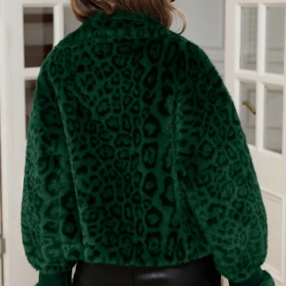 Modichic Vintage Leopard Print Shearling Patchwork Zip-Up Cropped Jacket