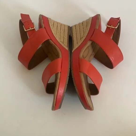 𝅺Montana tangerine orange leather sling back adjustable strap wedge espadrilles