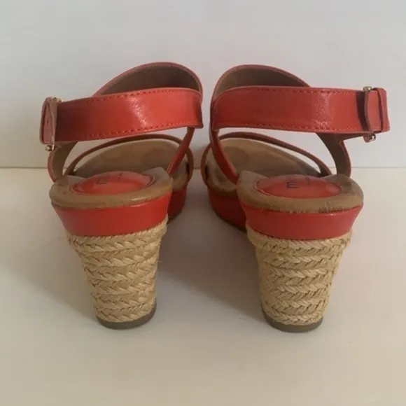 𝅺Montana tangerine orange leather sling back adjustable strap wedge espadrilles