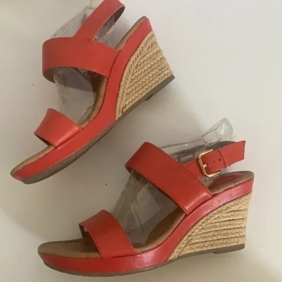 𝅺Montana tangerine orange leather sling back adjustable strap wedge espadrilles