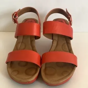 𝅺Montana tangerine orange leather sling back adjustable strap wedge espadrilles