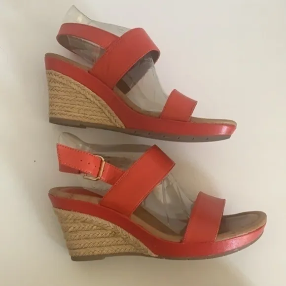 𝅺Montana tangerine orange leather sling back adjustable strap wedge espadrilles