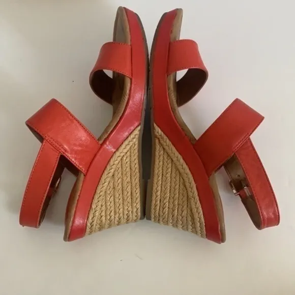 𝅺Montana tangerine orange leather sling back adjustable strap wedge espadrilles