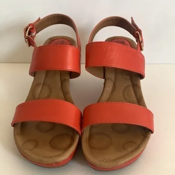 𝅺Montana tangerine orange leather sling back adjustable strap wedge espadrilles