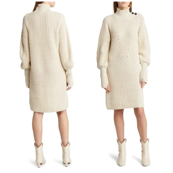 Moon River Sweater Dress Button Detail Turtleneck Cream Color NWOT