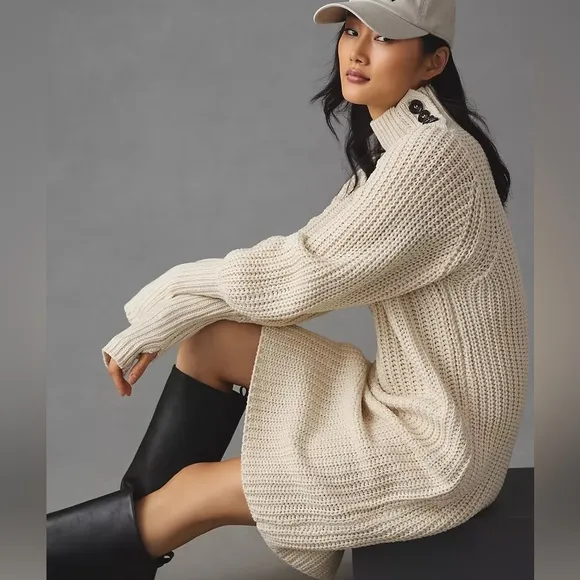 Moon River Sweater Dress Button Detail Turtleneck Cream Color NWOT
