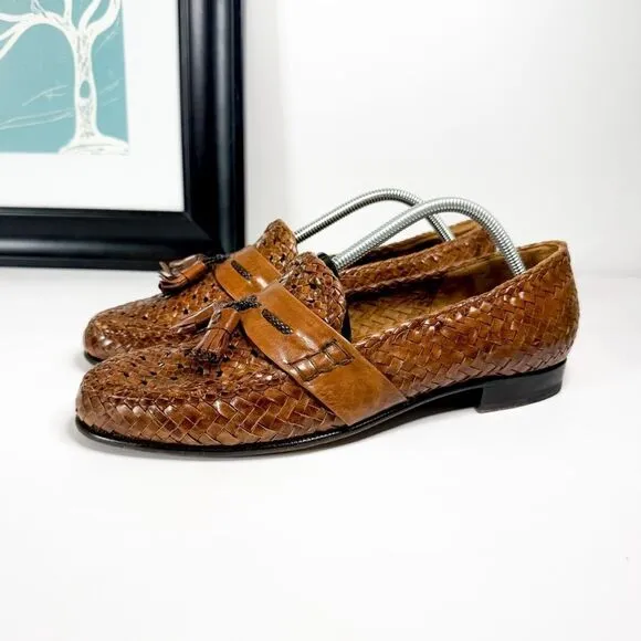 Moreschi Made in Italy Brown Woven Leather Tassel Loafers Men's Size 10