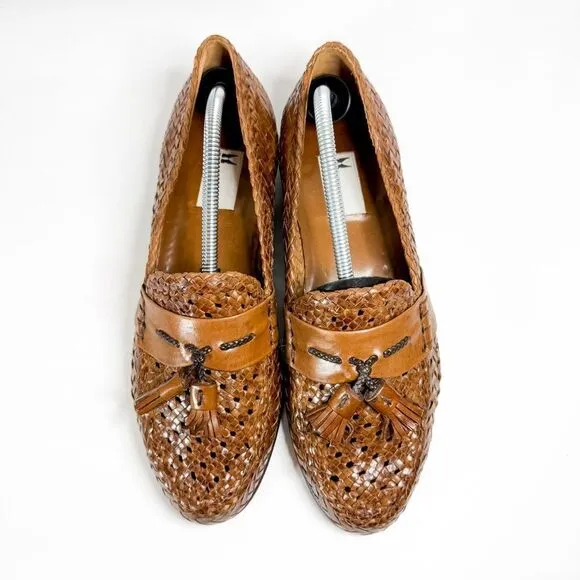 Moreschi Made in Italy Brown Woven Leather Tassel Loafers Men's Size 10