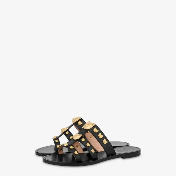 Moschino Calfskin Teddy Studs flat sandals