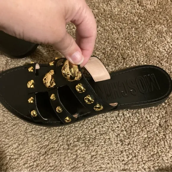 Moschino Calfskin Teddy Studs flat sandals