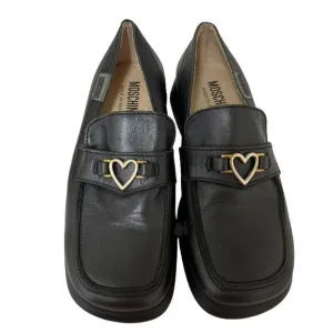 Moschino Girls‎ Black Leather Loafers 33 US 2 Metal heart
