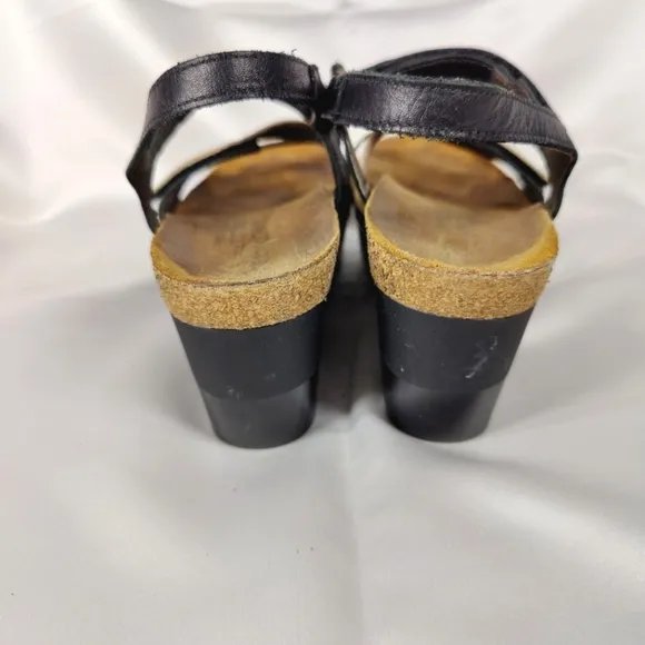 NAOT Canaan Black Tan Leather Strappy Wedge Sandals Casual Women's Shoes Size 7