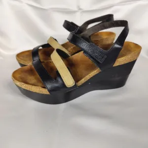 NAOT Canaan Black Tan Leather Strappy Wedge Sandals Casual Women's Shoes Size 7