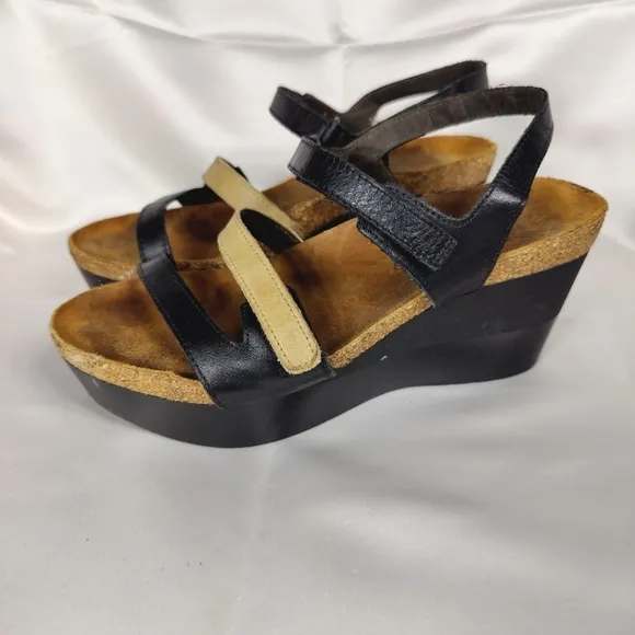 NAOT Canaan Black Tan Leather Strappy Wedge Sandals Casual Women's Shoes Size 7