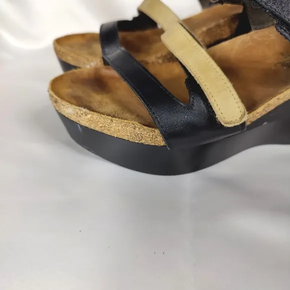 NAOT Canaan Black Tan Leather Strappy Wedge Sandals Casual Women's Shoes Size 7