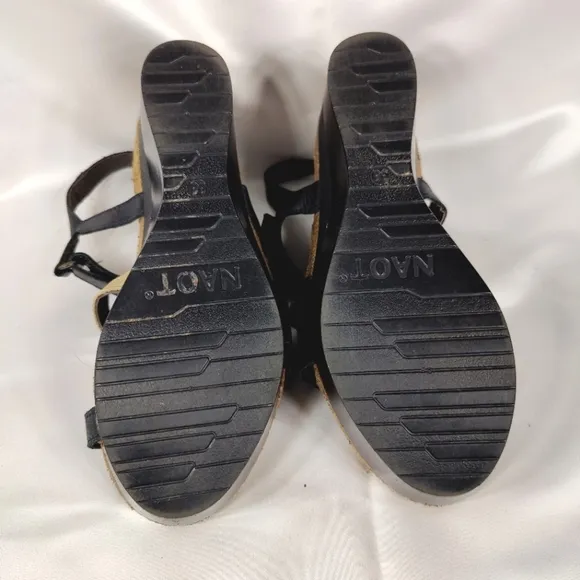 NAOT Canaan Black Tan Leather Strappy Wedge Sandals Casual Women's Shoes Size 7