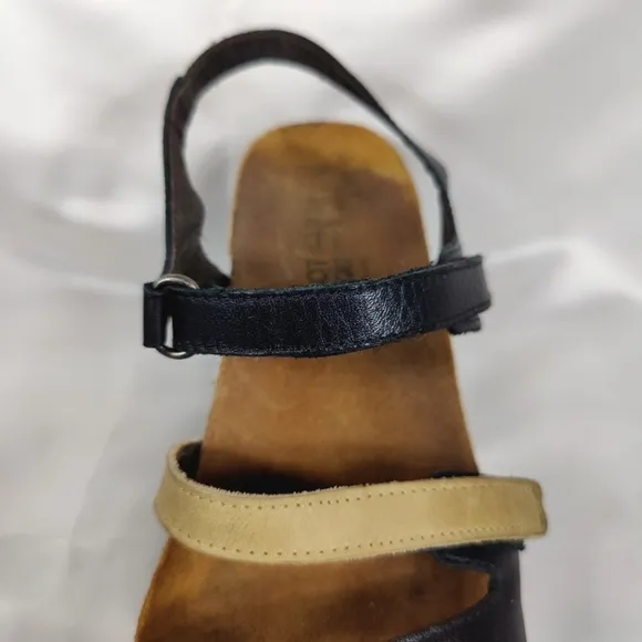 NAOT Canaan Black Tan Leather Strappy Wedge Sandals Casual Women's Shoes Size 7