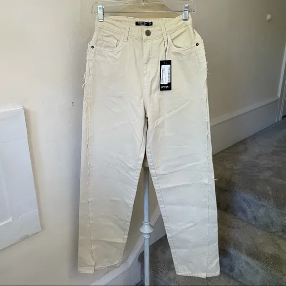 Nasty Gal Ecru Frayed Twisted Seam Split Hem Straight Leg High Waisted Jeans NWT