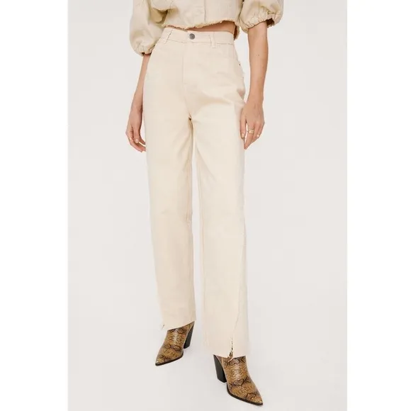 Nasty Gal Ecru Frayed Twisted Seam Split Hem Straight Leg High Waisted Jeans NWT