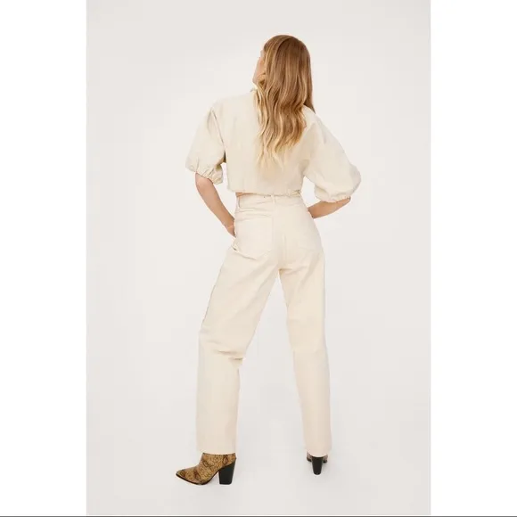Nasty Gal Ecru Frayed Twisted Seam Split Hem Straight Leg High Waisted Jeans NWT