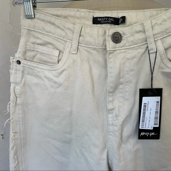 Nasty Gal Ecru Frayed Twisted Seam Split Hem Straight Leg High Waisted Jeans NWT