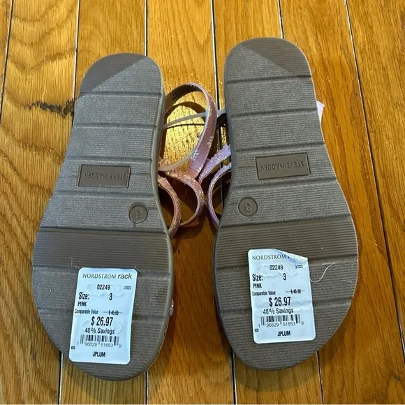 New 2 Pairs Steve Madden Rhinestone Strappy Flat Sandals Girls Sz 3 Pink &amp; Tan