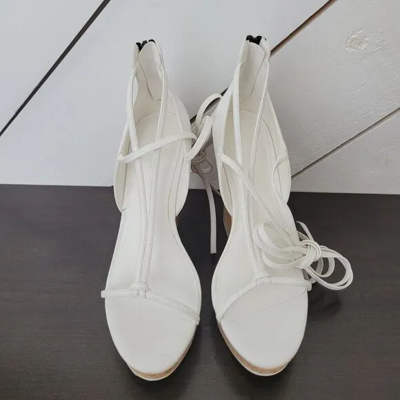 NEW AAJ By Aminah Nina Lace-Up Architectural Wedge White 8M Sandals