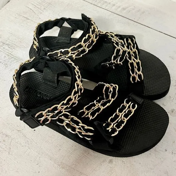 NEW Arizona Love Trekky Chain Flat Slip On Sport Sandals Black Womens EU 36/US 6