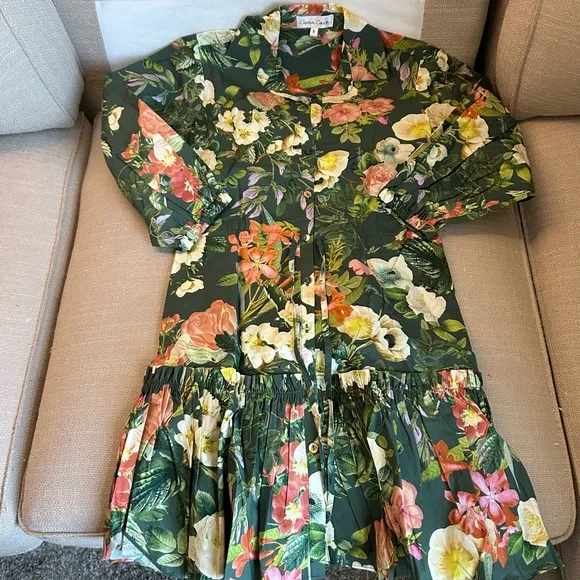 NEW BEST Cara Cara Robin Mini Dress - Olive Kingston Floral Cotton Casual Green