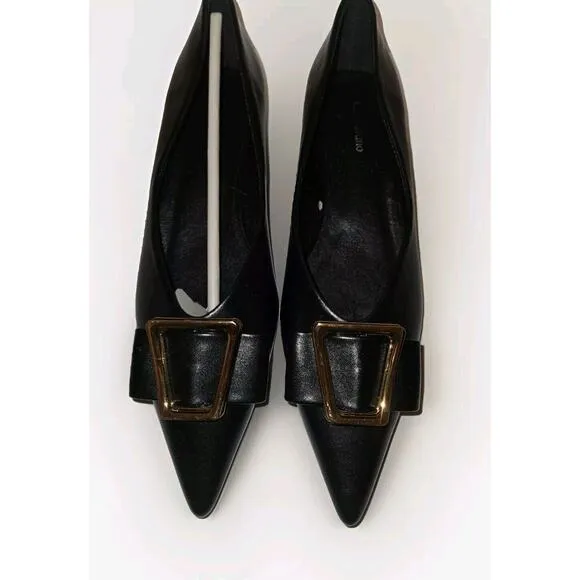 New! C. Paravano Leather Pointed Toe Flats Gold Buckle Black US 10.5 $128