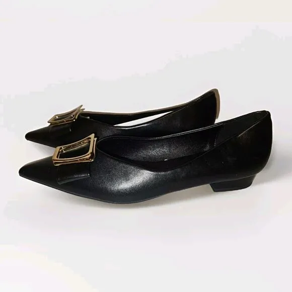 New! C. Paravano Leather Pointed Toe Flats Gold Buckle Black US 10.5 $128