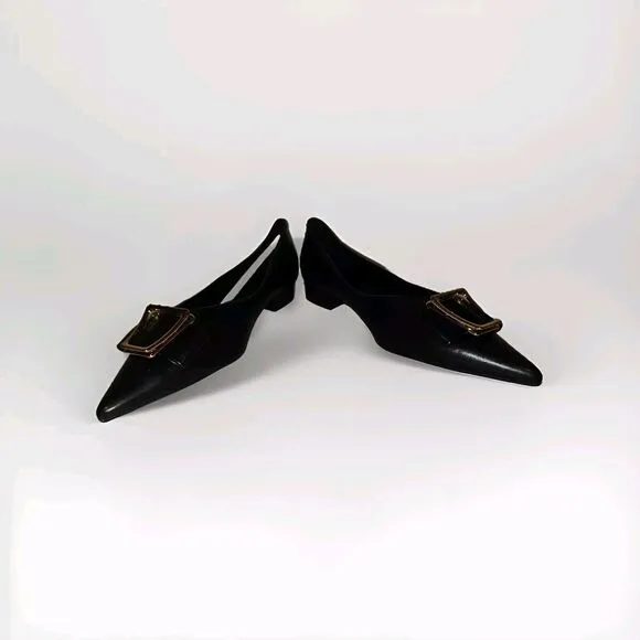 New! C. Paravano Leather Pointed Toe Flats Gold Buckle Black US 10.5 $128