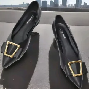 New! C. Paravano Leather Pointed Toe Flats Gold Buckle Black US 10.5 $128