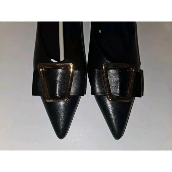 New! C. Paravano Leather Pointed Toe Flats Gold Buckle Black US 10.5 $128