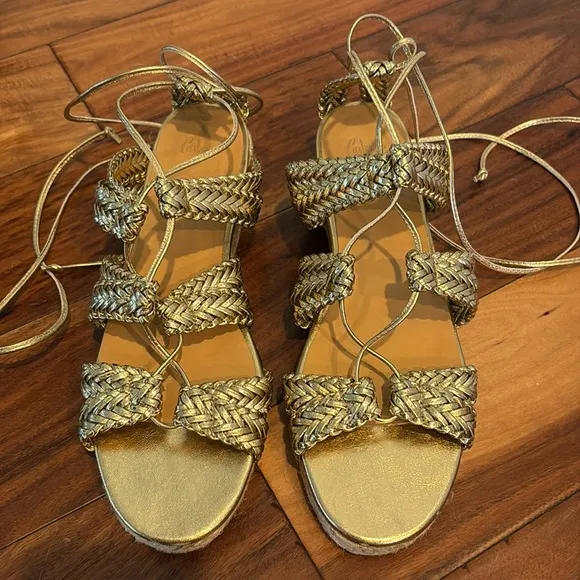 NEW! CASTAÑER ESPADRILLES Leather Gold Braided Lace Up Galdiator Sandals Size 41